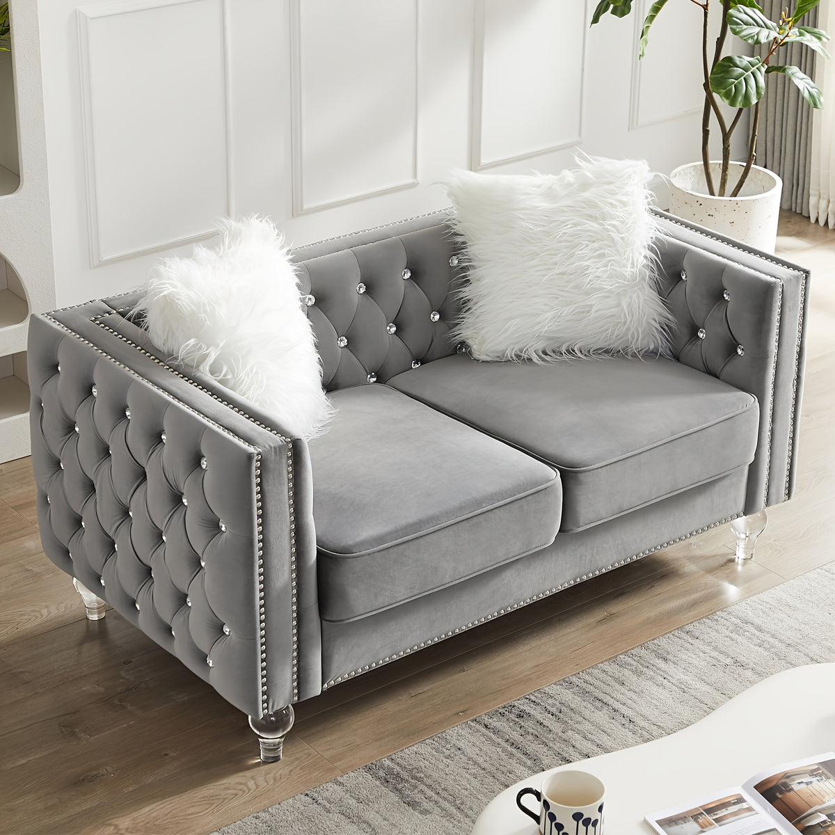 Velvet Loveseat Sofa 59 Inch Jeweled Buttons Tufted Loveseat with Acrylic Crystal Legs And 2 Pillows Modern Furniture for Living Room, Bedroom