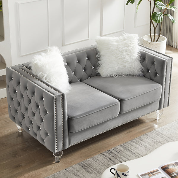 Velvet Loveseat Sofa 59 Inch Jeweled Buttons Tufted Loveseat with Acrylic Crystal Legs And 2 Pillows Modern Furniture for Living Room, Bedroom