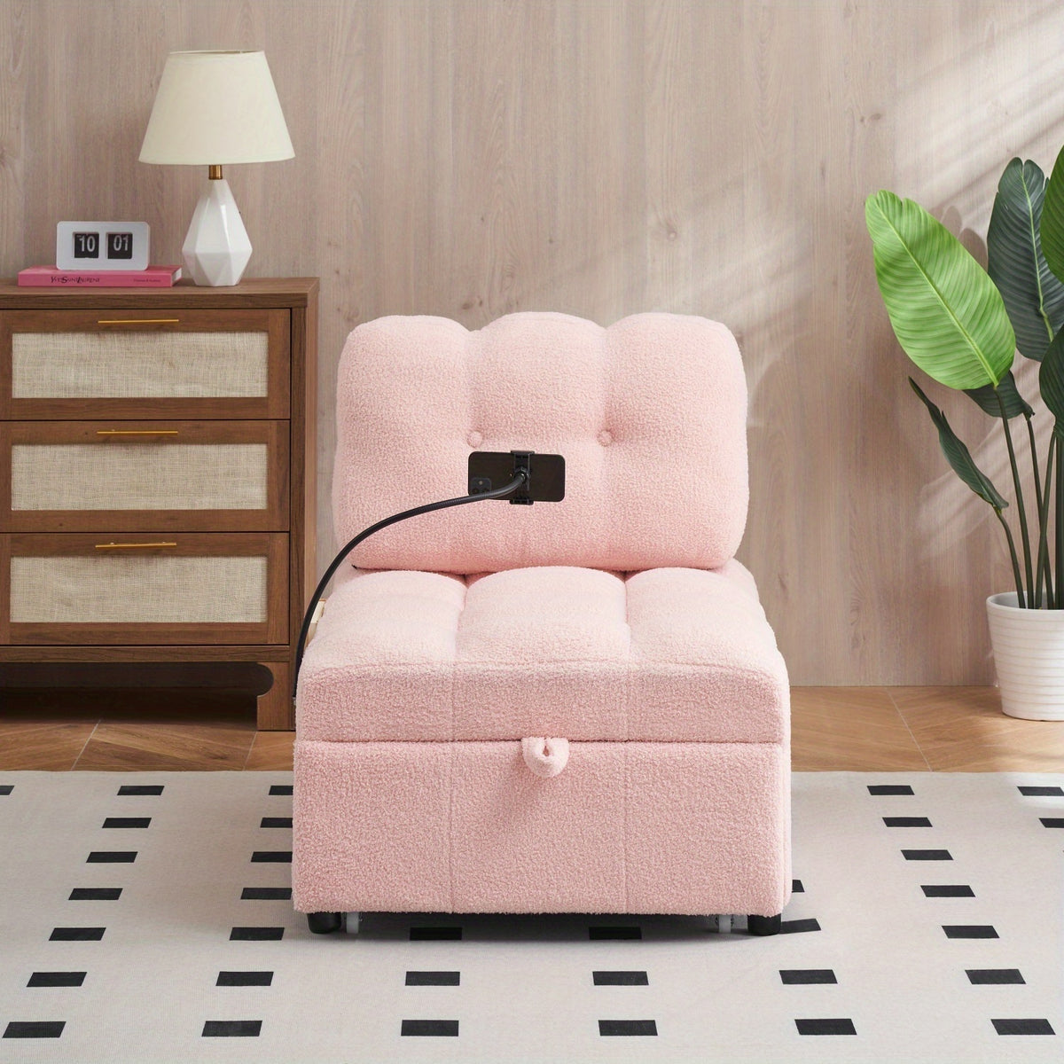 Convertible Pull-Out Sofa Bed With Phone Holder, Single Sofa Chair With Soft Teddy Velvet Fabric, Space-Saving Design, Easy Transform Into Bed For Small Spaces, Living Room, Bedroom, Office, Halloween Gift, Xmas Decor, Pink