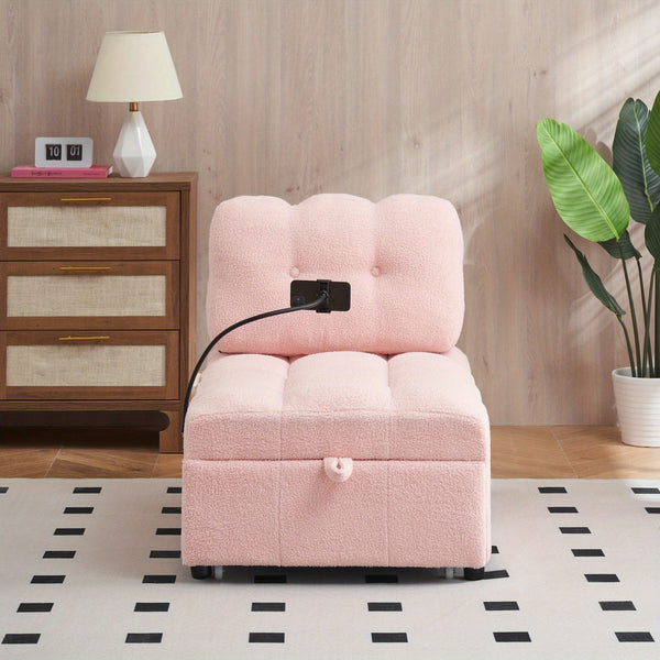 Convertible Pull-Out Sofa Bed With Phone Holder, Single Sofa Chair With Soft Teddy Velvet Fabric, Space-Saving Design, Easy Transform Into Bed For Small Spaces, Living Room, Bedroom, Office, Halloween Gift, Xmas Decor, Pink