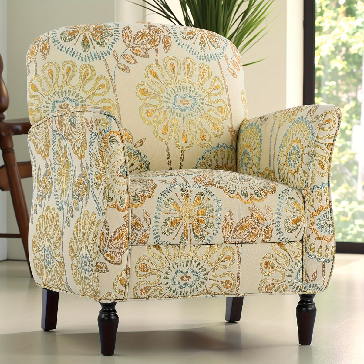 Fresh and Elegant Single Sofa with Sunflower Pattern Embellishment, Ergonomic Design, Fits Curvy Figures, Classic Black Solid Wood Base, Suitable for Living Room, Study, Bedroom, etc