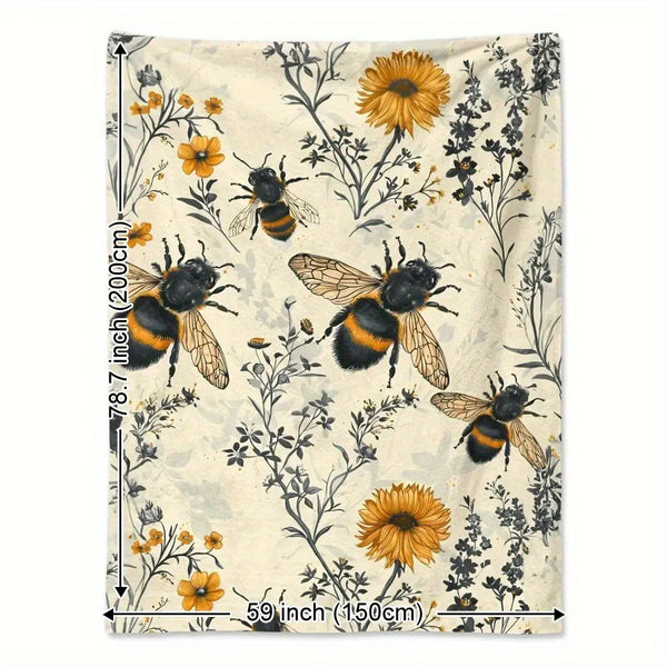 1pc 280gsm Heavyweight Vintage Hand-Drawn Bees & Wildflowers Flannel Fleece Blanket - Soft Warm All-Season \u002FGreen\u002FYellow\u002FBlack\u002FBrown Beige Throw for Bed, Couch, Camping, Travel - Cozy Bee & Botanical Print Polyester Bedspread, Throw Bl