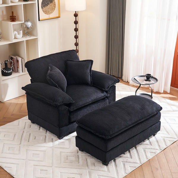 Corduroy Single Sofa With 2 Folding Pillows And An Ottoman, Comfort Sofa - Living Room Deep Seating Sofa