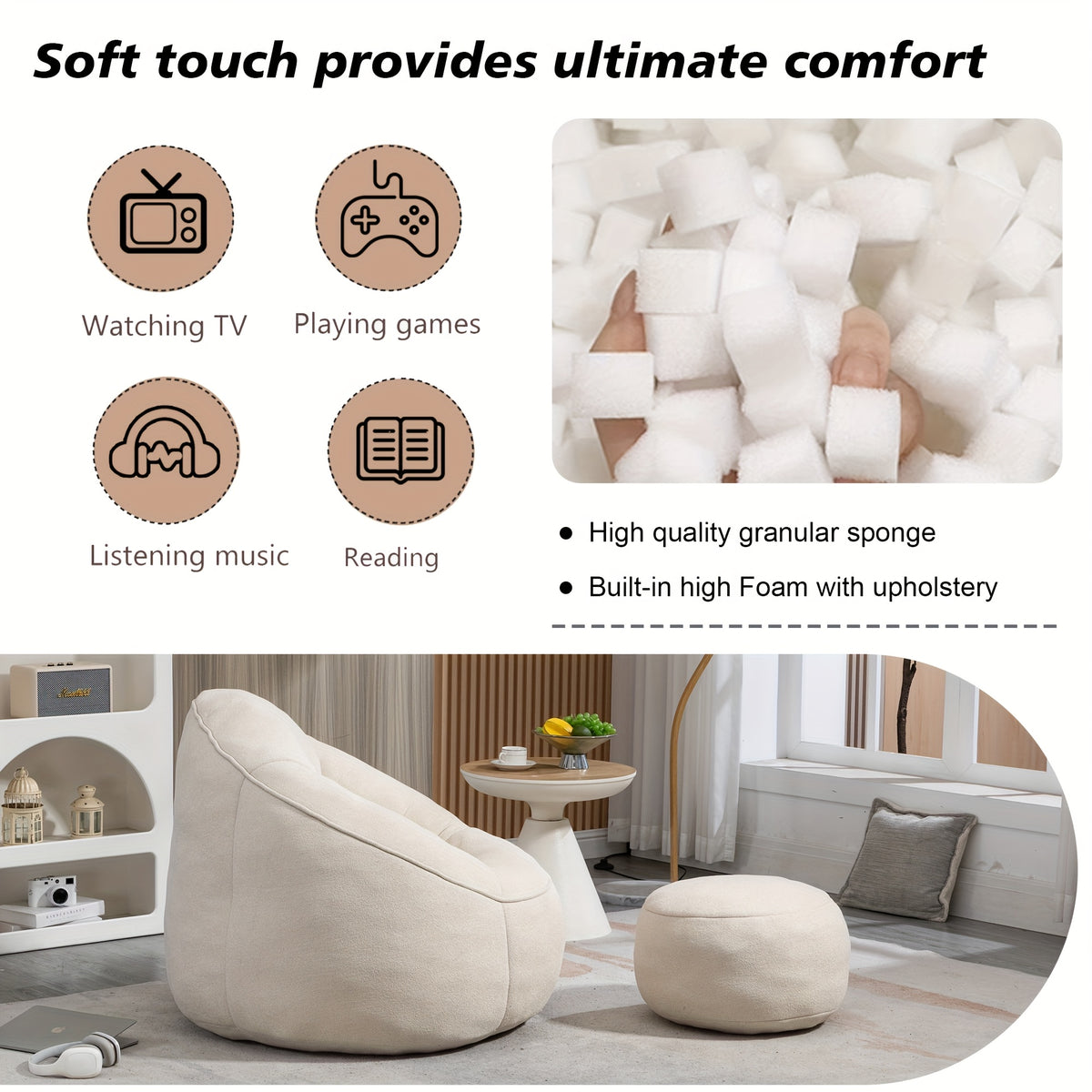 Bean Bag Chair With Ottoman, Comfy Bean Bag Sofa Chair, High Pressure Foam Lazy Sofa, Modern Accent BeanBag Chairs For Living Room, Bedroom