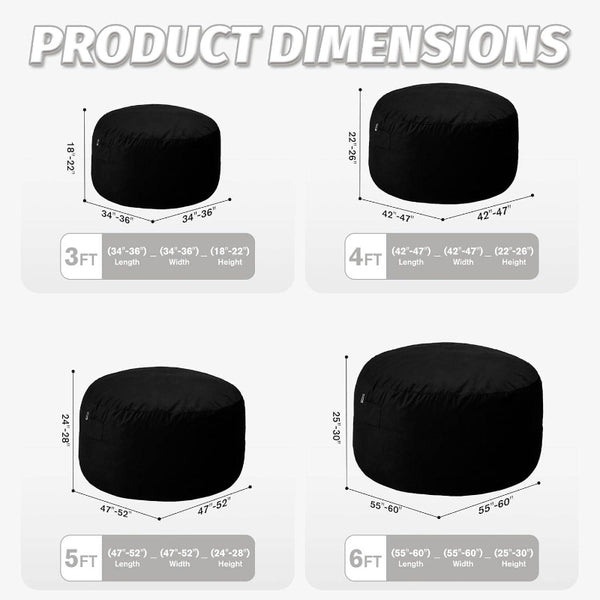 5ft Large Bean Bag Chair with Ultra-Soft Velvet-Like Cover - Heavy-Duty Foam-Filled Lazy Sofa, Beige & Black, Easy Inflate\u002FDeflate, Durable Fabric for Living Room, Bedroom, Dorm, Office - Portable Comfortable Seating, No Assembly Required