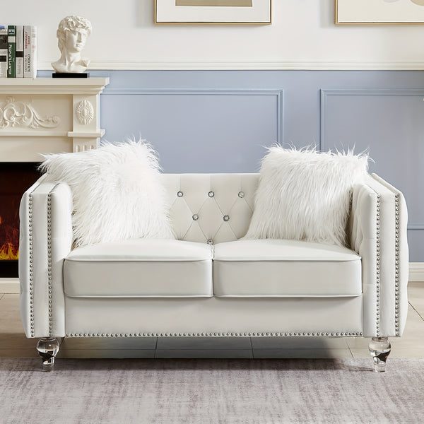 Velvet Loveseat Sofa 59 Inch Jeweled Buttons Tufted Loveseat with Acrylic Crystal Legs And 2 Pillows Modern Furniture for Living Room, Bedroom