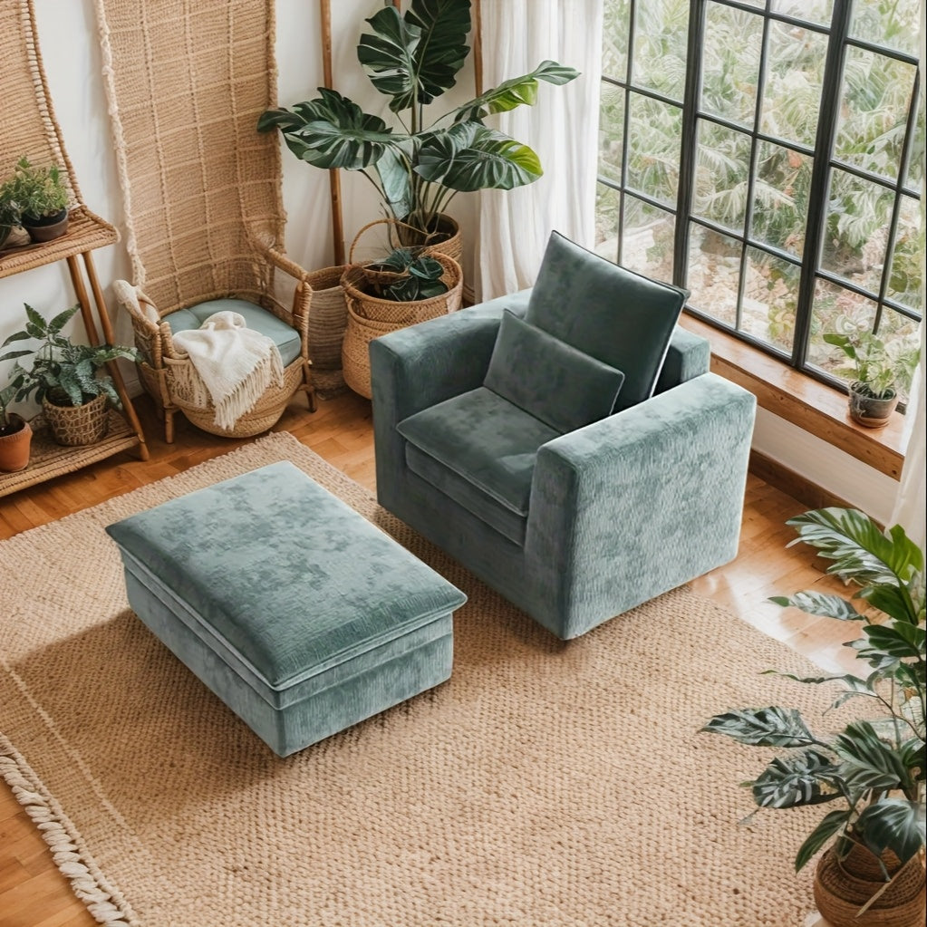 Modern Style Armchair, Chenille Cushion Sofa - Lazy Sofa, Single Sofa - Suitable For Living Room, Bedroom, Office Furniture, Living Room Chair With Footrest, Single Person Leisure Chair