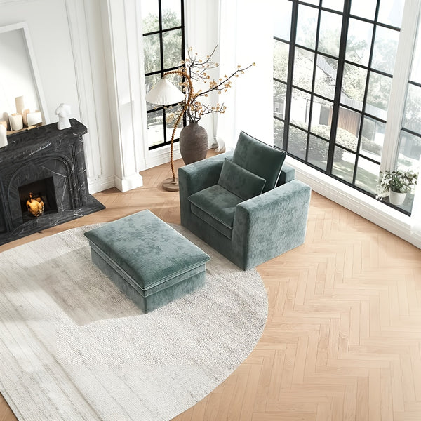 Modern Style Armchair, Chenille Cushion Sofa - Lazy Sofa, Single Sofa - Suitable For Living Room, Bedroom, Office Furniture, Living Room Chair With Footrest, Single Person Leisure Chair