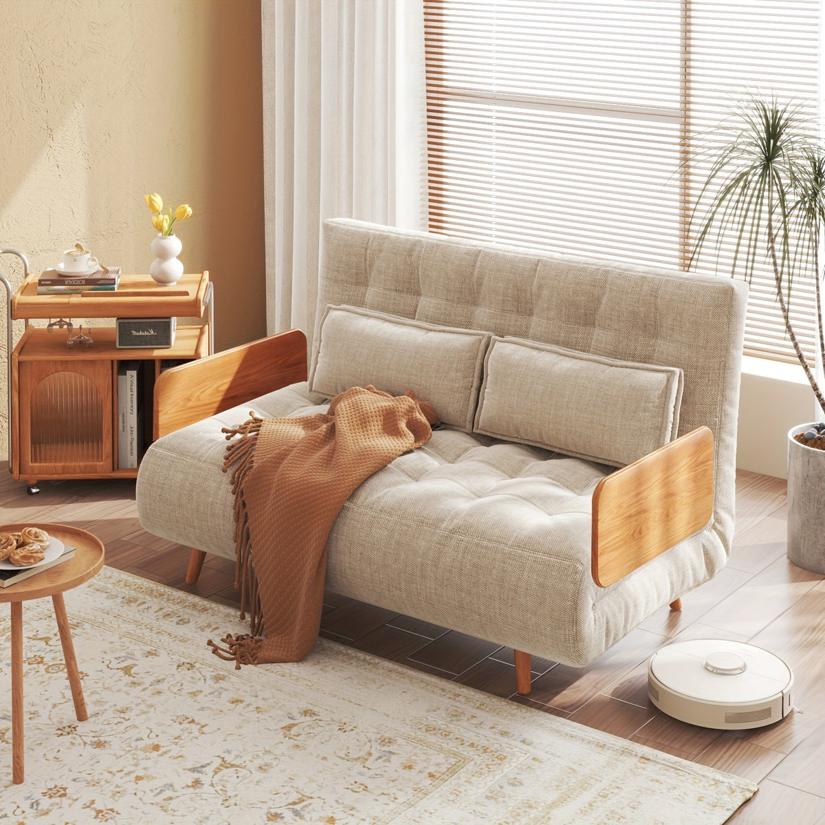 1 Modern And Linen Convertible Sofa Bed With 5 Adjustable Backs, Adjustable Height Pillows - Living Room Recliner, Single Or Double Use, Living Room Furniture Sofa | Neutral Home Decor | Wood Frame Sofa