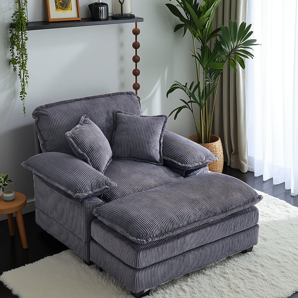 Corduroy Single Sofa With 2 Folding Pillows And An Ottoman, Comfort Sofa - Living Room Deep Seating Sofa