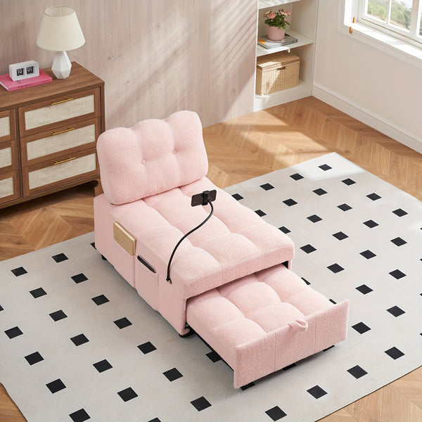 Convertible Pull-Out Sofa Bed With Phone Holder, Single Sofa Chair With Soft Teddy Velvet Fabric, Space-Saving Design, Easy Transform Into Bed For Small Spaces, Living Room, Bedroom, Office, Halloween Gift, Xmas Decor, Pink