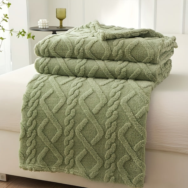 1pc Lamb Fleece Blanket - Plush Thick Warm All-Season Soft Green Flannel Throw with 3D Fashionable Design, Multifunctional for Bed, Couch & Travel, Luxury French Style Cozy Bedding in Muted Green Tones (Beige, Blue, Pink, Grey, White, Black) - Durable & E