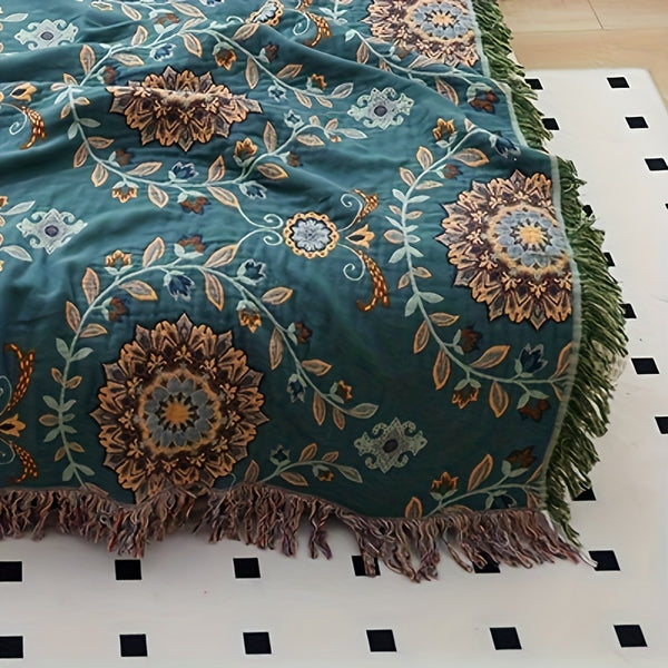 1pc Tassel Cotton Multi-layer Gauze Throw Blanket, Nap Blanket, Sofa Towel, Bed Cover Towel, Multi-function Blanket, Can Be Directly Contacted with Beige, Machine Washable, No Deformation, No Ball, No Shrinking, Gift for Friends, Family,  Floral