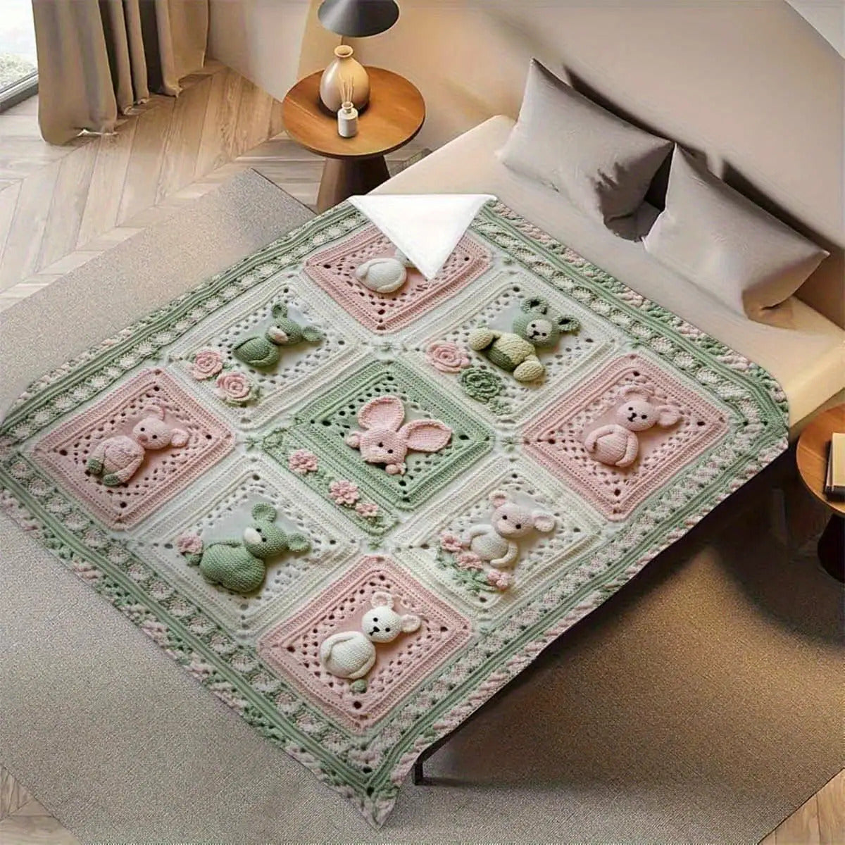 280GSM Grandma'S Square Magritte Crochet Print Flannel Blanket - Soft Lightweight All-Season Throw with Bear & Floral Design, Pastel Pink & Green Square Pattern, Handcrafted Cozy Blanket for Sofa Bed Travel Office, Contemporary Home Decor Gift for A