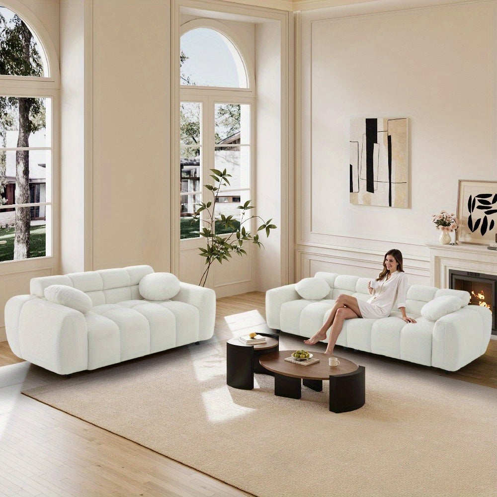 2pcs Modern Boucle Sofa Set, Comfy Tufted Upholstered Teddy Deep Seat Cloud Couch, Cozy Sherpa 3 Seater Sofa & 2 Seater Loveseat, Modern Living Room Furniture Set For Apartment
