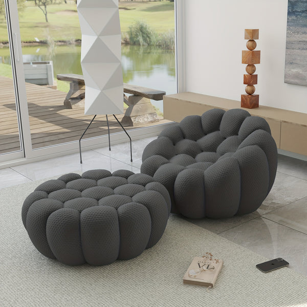 Modern Oversized Bean Bag Sofa with Ottoman - 3D Knitted Fabric, Orange, Football-Shaped Design, No Assembly Required, 700 lbs Load Capacity, Perfect for Contemporary Living Rooms, Sofa for Living Room