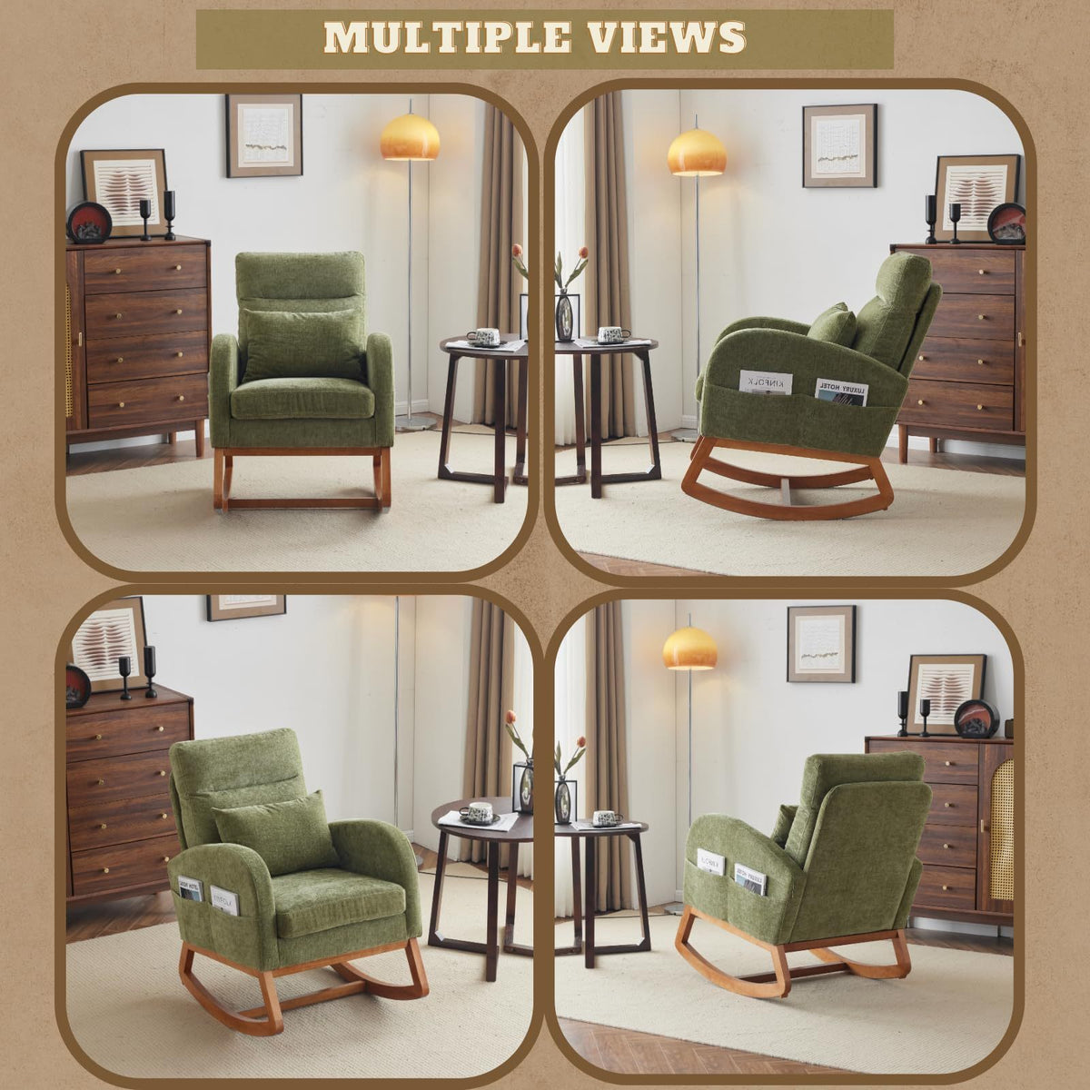 Comfortable High Back Armchair, Modern Single Sofa Rocking Chair With Solid Wooden Frame, Suitable For Living Room, Bedroom, Studio Interior