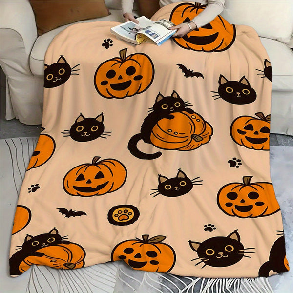 1pc Halloween Cat & Pumpkin Fleece Blanket - All-Season Cozy 250-300 GSM Flannel Throw with Cats, Jack-O'-Lanterns & Bats - Soft Warm Bed, Couch, Camping, Office Blanket - Machine Washable Gift for Pet Lovers, Spooky Home Decor (Orange & ) - Perfect