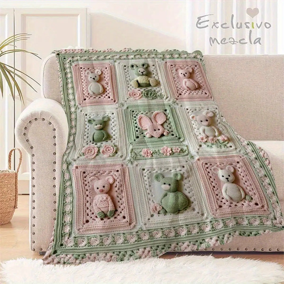 280GSM Grandma'S Square Magritte Crochet Print Flannel Blanket - Soft Lightweight All-Season Throw with Bear & Floral Design, Pastel Pink & Green Square Pattern, Handcrafted Cozy Blanket for Sofa Bed Travel Office, Contemporary Home Decor Gift for A