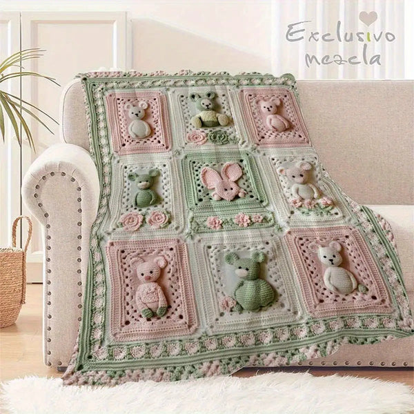 280GSM Grandma'S Square Magritte Crochet Print Flannel Blanket - Soft Lightweight All-Season Throw with Bear & Floral Design, Pastel Pink & Green Square Pattern, Handcrafted Cozy Blanket for Sofa Bed Travel Office, Contemporary Home Decor Gift for A