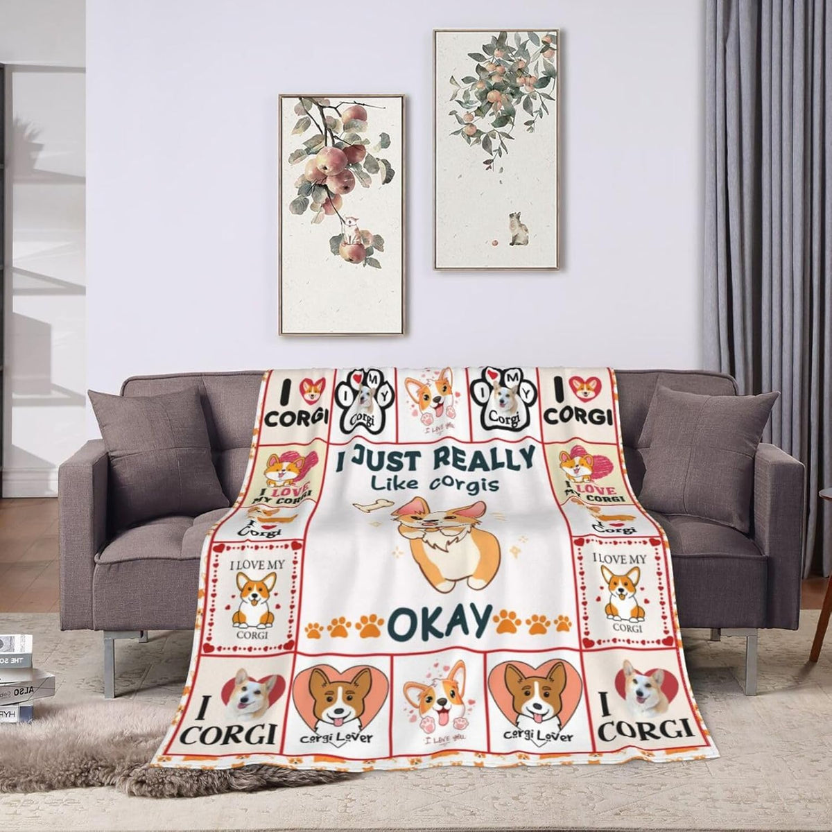 1pc Extra Large Corgi Blanket - Soft Plush Flannel Throw with Corgi Faces, Paw Prints & Bone Patterns - All-Season Couch Bedspread for Women, Girls, Corgi Lovers - Machine Washable Gift for Dog Owners (50\