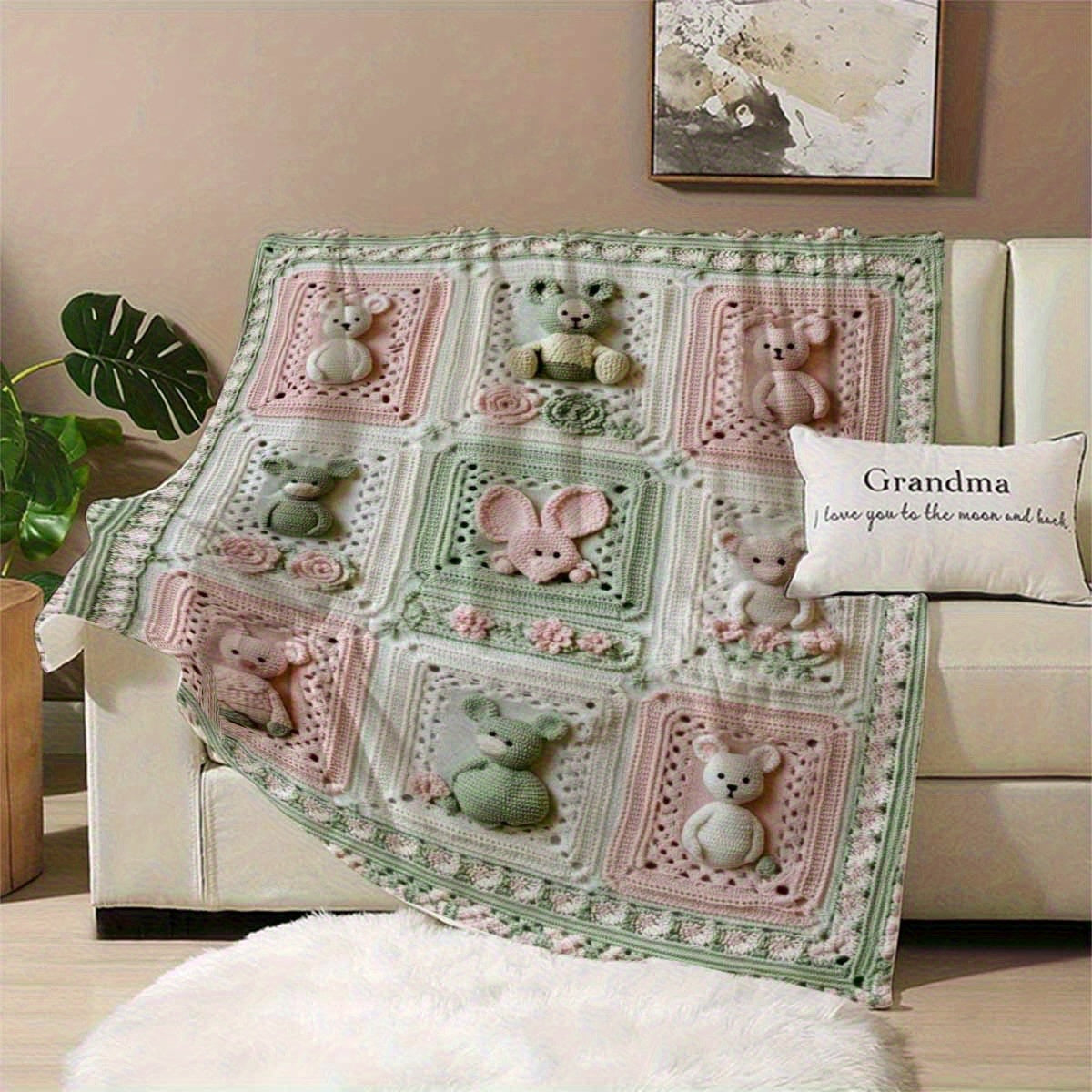 280GSM Grandma'S Square Magritte Crochet Print Flannel Blanket - Soft Lightweight All-Season Throw with Bear & Floral Design, Pastel Pink & Green Square Pattern, Handcrafted Cozy Blanket for Sofa Bed Travel Office, Contemporary Home Decor Gift for A