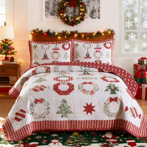 3 PCS Winter Christmas Quilt Bedspread Set - Holiday Bedding Set with Festive Christmas Patterns Including Trees, Wreaths & Candies, Soft Polyester Quilt for Bedroom Decor, Multi - Use As Bed Coverlet\u002FAC Quilt\u002FSofa Blanket, Ideal for Christmas S