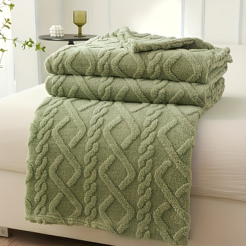 1pc Lamb Fleece Blanket - Plush Thick Warm All-Season Soft Green Flannel Throw with 3D Fashionable Design, Multifunctional for Bed, Couch & Travel, Luxury French Style Cozy Bedding in Muted Green Tones (Beige, Blue, Pink, Grey, White, Black) - Durable & E