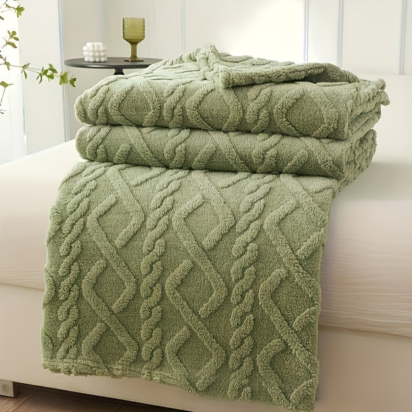 1pc Lamb Fleece Blanket - Plush Thick Warm All-Season Soft Green Flannel Throw with 3D Fashionable Design, Multifunctional for Bed, Couch & Travel, Luxury French Style Cozy Bedding in Muted Green Tones (Beige, Blue, Pink, Grey, White, Black) - Durable & E