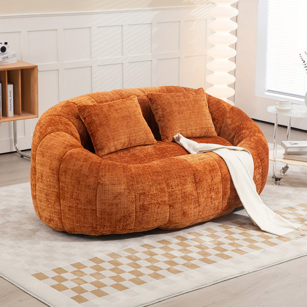 Oval Padded 2 Seats Beanbag Chairs, Upholstered Bean Bag Couch With 2 Pillows & Wrap-Around Backrest, Gaming Loveseat Sofa, Chenille Fabric Lazy Floor Beanbag-Chair