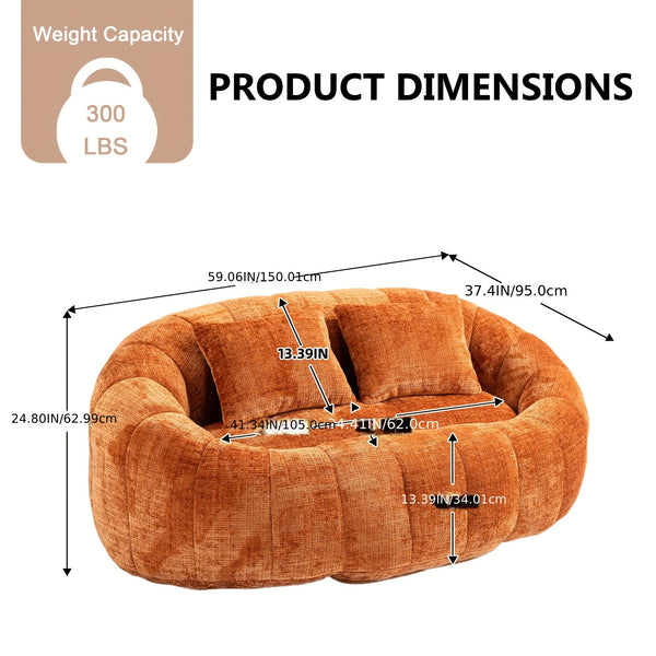 Oval Padded 2 Seats Beanbag Chairs, Upholstered Bean Bag Couch With 2 Pillows & Wrap-Around Backrest, Gaming Loveseat Sofa, Chenille Fabric Lazy Floor Beanbag-Chair