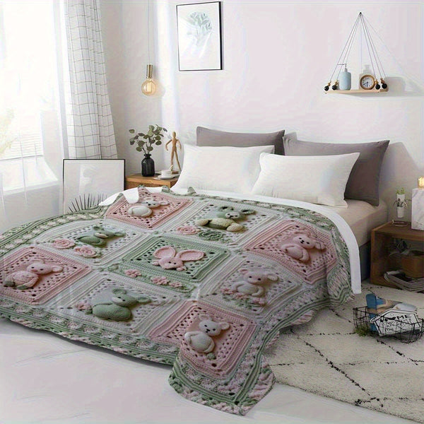 280GSM Grandma'S Square Magritte Crochet Print Flannel Blanket - Soft Lightweight All-Season Throw with Bear & Floral Design, Pastel Pink & Green Square Pattern, Handcrafted Cozy Blanket for Sofa Bed Travel Office, Contemporary Home Decor Gift for A