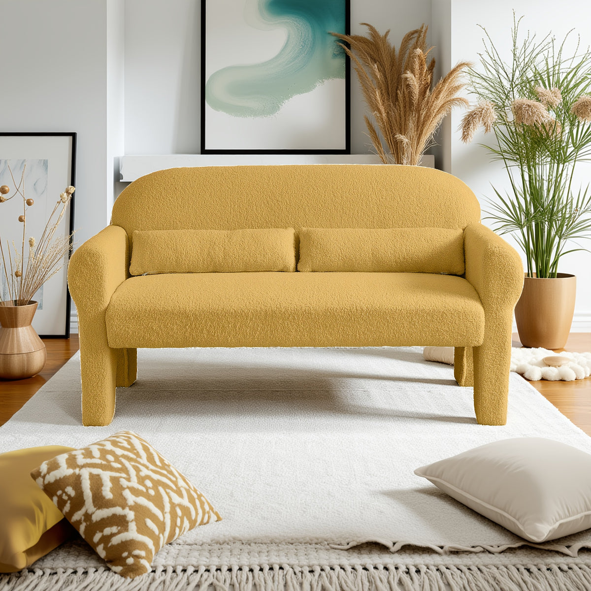 Modern Boucle Sofa Loveseat - Mustard-Yellow (Lambs -like) Boucle Upholstery, Plush Cushioned Engineered Wood Frame, Compact Small-Space Couch with Lumbar, Easy Assembly for Apartments, Studios & Scandinavian\u002FModern Decor