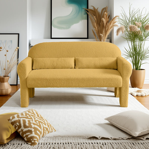 Modern Boucle Sofa Loveseat - Mustard-Yellow (Lambs -like) Boucle Upholstery, Plush Cushioned Engineered Wood Frame, Compact Small-Space Couch with Lumbar, Easy Assembly for Apartments, Studios & Scandinavian\u002FModern Decor