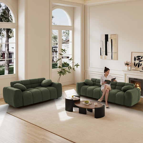 2pcs Modern Boucle Sofa Set, Comfy Tufted Upholstered Teddy Deep Seat Cloud Couch, Cozy Sherpa 3 Seater Sofa & 2 Seater Loveseat, Modern Living Room Furniture Set For Apartment