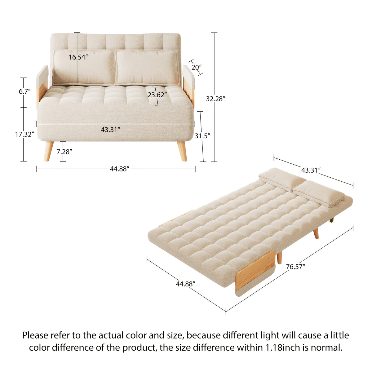 1 Modern And Linen Convertible Sofa Bed With 5 Adjustable Backs, Adjustable Height Pillows - Living Room Recliner, Single Or Double Use, Living Room Furniture Sofa | Neutral Home Decor | Wood Frame Sofa