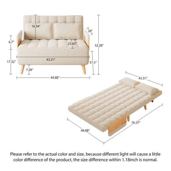 1 Modern And Linen Convertible Sofa Bed With 5 Adjustable Backs, Adjustable Height Pillows - Living Room Recliner, Single Or Double Use, Living Room Furniture Sofa | Neutral Home Decor | Wood Frame Sofa
