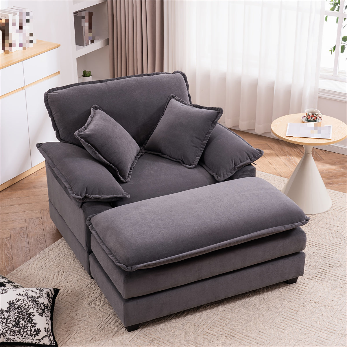 56.3 Inch Velvet Single Sofa with 2 Folding Pillows And An Ottoman, Comfort Sofa - Living Room Deep Seating Sofa for Living Room Apartment
