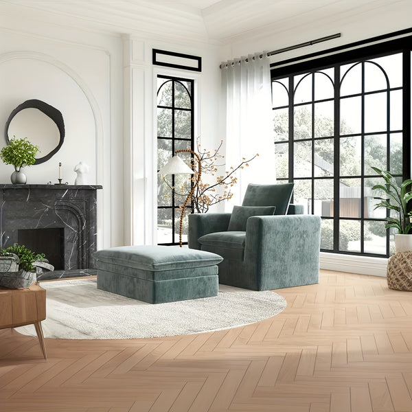 Modern Style Armchair, Chenille Cushion Sofa - Lazy Sofa, Single Sofa - Suitable For Living Room, Bedroom, Office Furniture, Living Room Chair With Footrest, Single Person Leisure Chair