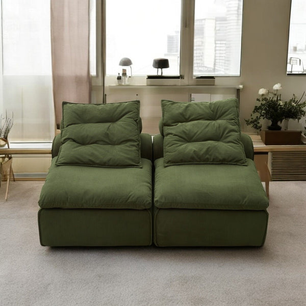 Modular 2-Seater Sofa Bed - Soft Corduroy Convertible Sleeper with No Armrests, DIY-Friendly Design, Includes Neck & Lumbar Pillows, Space-Saving for Apartments, Reading Nooks, Dorms (Green), Dorm Room Bed | Corduroy Upholstery | Comfortable Seating