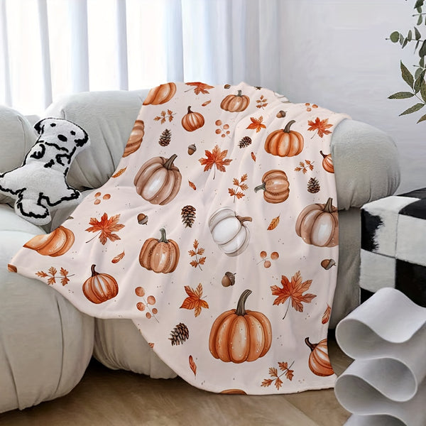 280GSM Heavyweight Flannel Throw Blanket - Super Soft Warm Cozy All-Season Bedspread, Autumn Pumpkin Maple Leaf & Plaid Print in Brown\u002FBeige\u002FWhite\u002FOrange, Contemporary Bedspread for Sofa, Bed, Travel, Home Decor - Luxury Fleece Blanket with