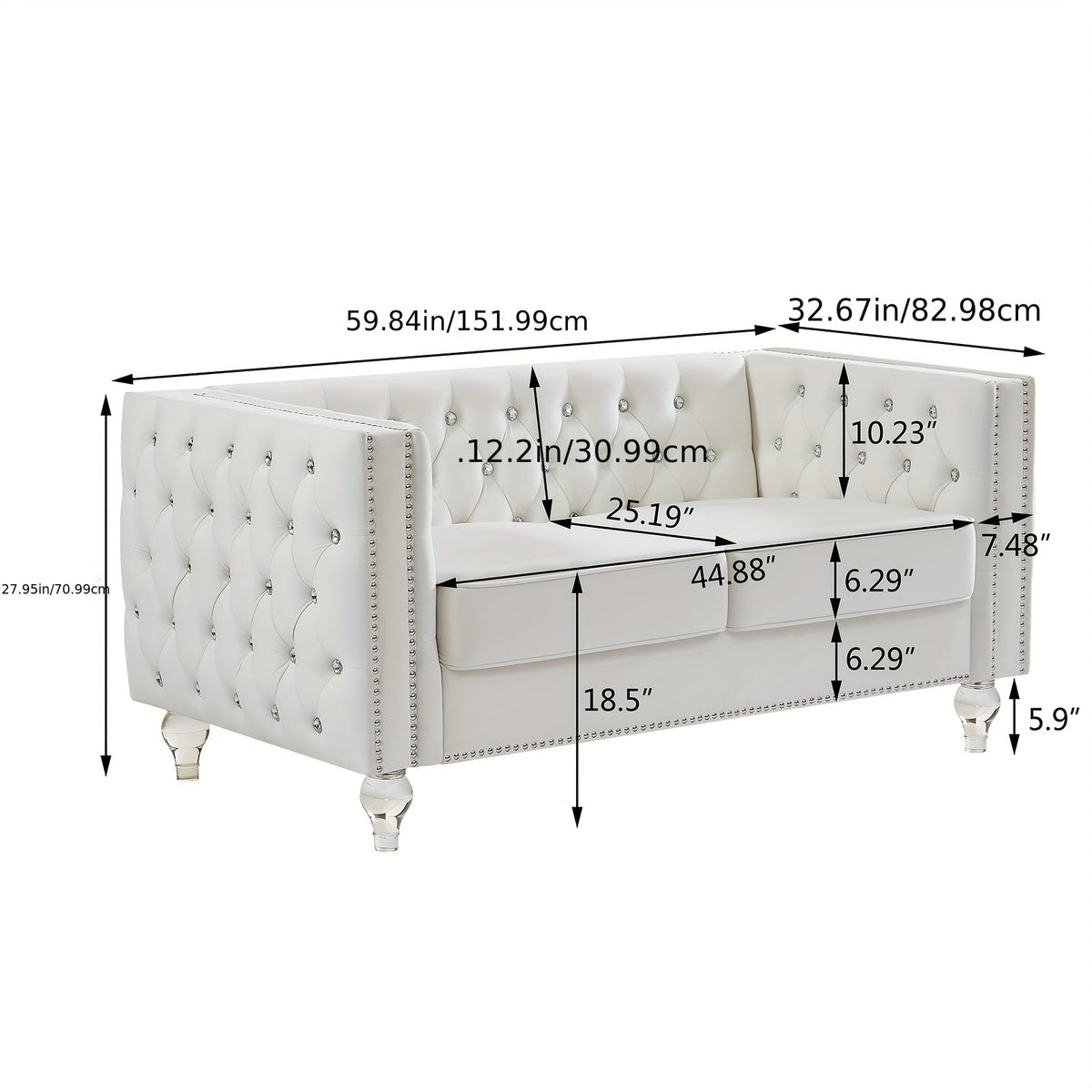 Velvet Loveseat Sofa 59 Inch Jeweled Buttons Tufted Loveseat with Acrylic Crystal Legs And 2 Pillows Modern Furniture for Living Room, Bedroom