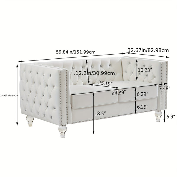 Velvet Loveseat Sofa 59 Inch Jeweled Buttons Tufted Loveseat with Acrylic Crystal Legs And 2 Pillows Modern Furniture for Living Room, Bedroom