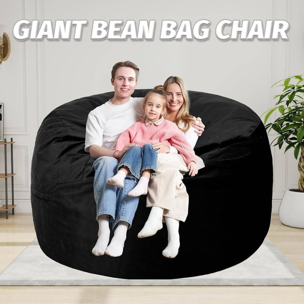 5ft Large Bean Bag Chair with Ultra-Soft Velvet-Like Cover - Heavy-Duty Foam-Filled Lazy Sofa, Beige & Black, Easy Inflate\u002FDeflate, Durable Fabric for Living Room, Bedroom, Dorm, Office - Portable Comfortable Seating, No Assembly Required