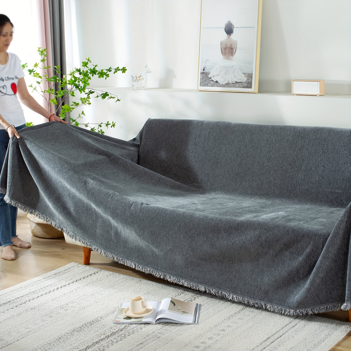91 inch Widened Sofa Cover Chenille Couch Blanket Cover Protect from Scratch Machine Washable Furniture Protector