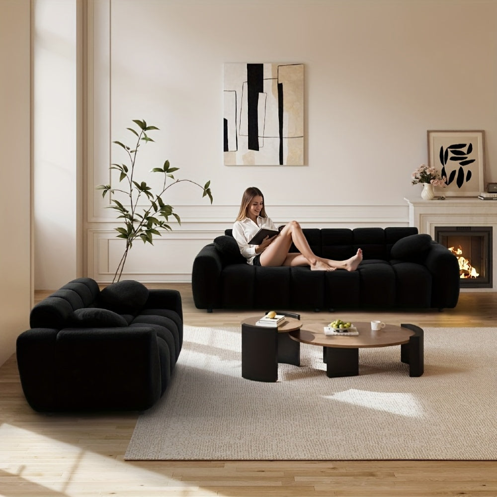 2pcs Modern Boucle Sofa Set, Comfy Tufted Upholstered Teddy Deep Seat Cloud Couch, Cozy Sherpa 3 Seater Sofa & 2 Seater Loveseat, Modern Living Room Furniture Set For Apartment