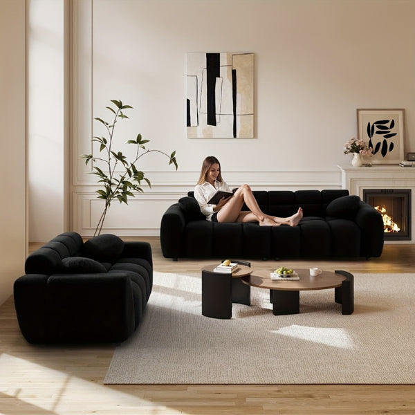 2pcs Modern Boucle Sofa Set, Comfy Tufted Upholstered Teddy Deep Seat Cloud Couch, Cozy Sherpa 3 Seater Sofa & 2 Seater Loveseat, Modern Living Room Furniture Set For Apartment