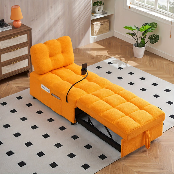 Convertible Pull-Out Sofa Bed With Phone Holder, Single Sofa Chair With Soft Teddy Velvet Fabric, Space-Saving Design, Easy Transform Into Bed For Small Spaces, Living Room, Bedroom, Office, Halloween Gift, Xmas Decor, Pink