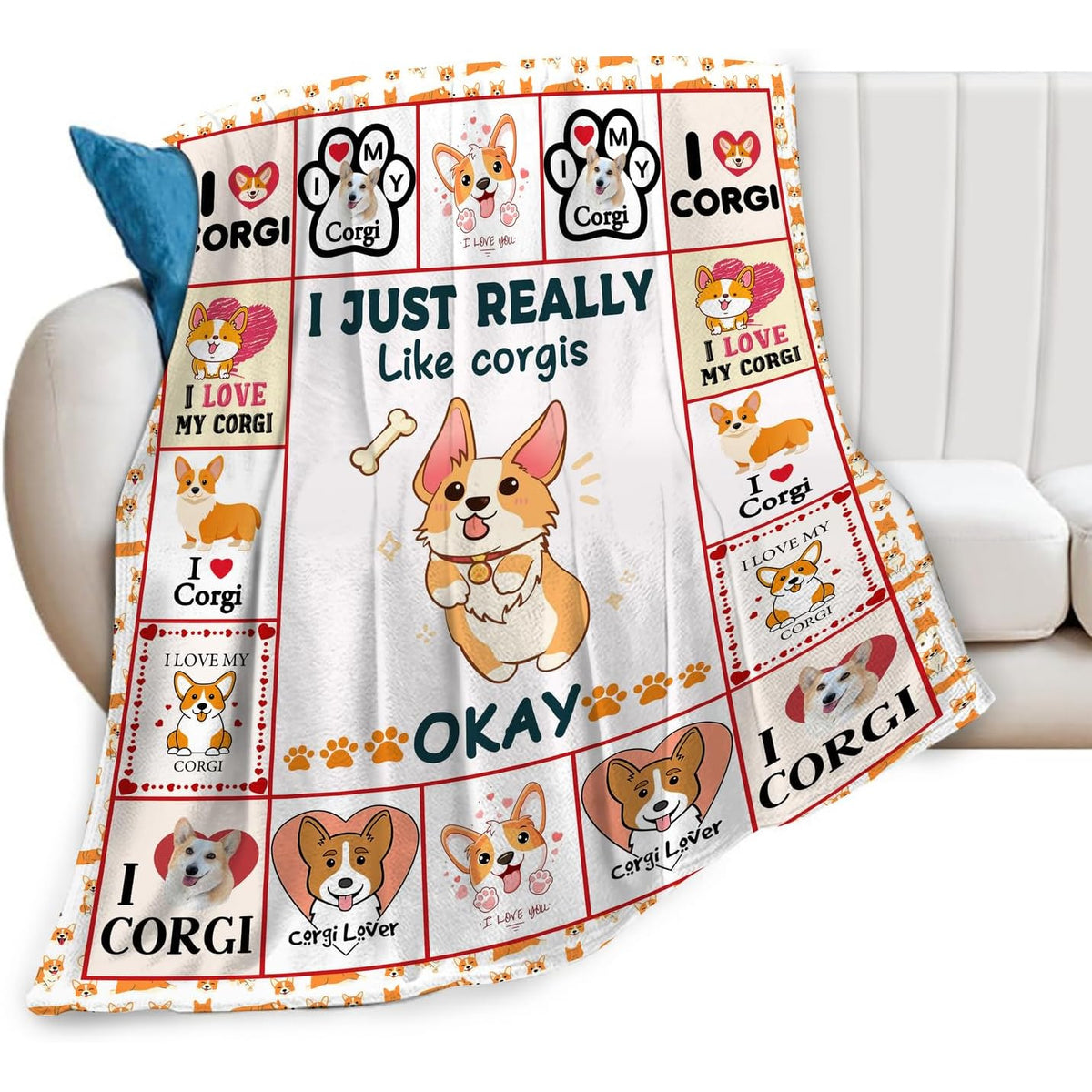 1pc Extra Large Corgi Blanket - Soft Plush Flannel Throw with Corgi Faces, Paw Prints & Bone Patterns - All-Season Couch Bedspread for Women, Girls, Corgi Lovers - Machine Washable Gift for Dog Owners (50\