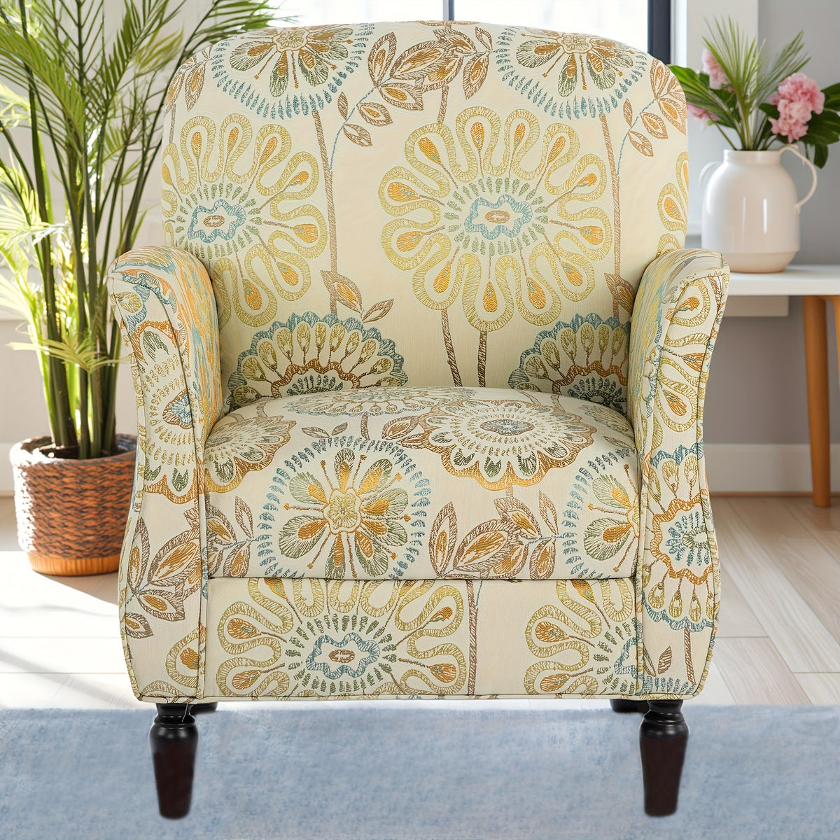 Fresh and Elegant Single Sofa with Sunflower Pattern Embellishment, Ergonomic Design, Fits Curvy Figures, Classic Black Solid Wood Base, Suitable for Living Room, Study, Bedroom, etc